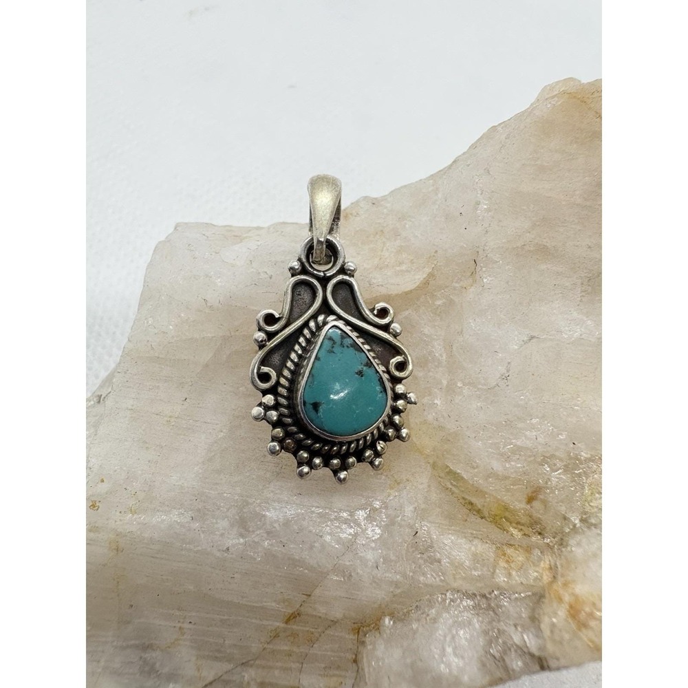 Vintage Sterling Silver 925 Turquoise Pendant Southwestern Teardrop Setting 3g - Picture 3 of 8